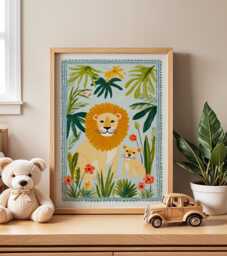 Lion Nursery Wall Art, Jungle Animal Illustration, Safari Kids Room Decor, Playful Baby Print, Nature Inspired Poster - thumbnail 1