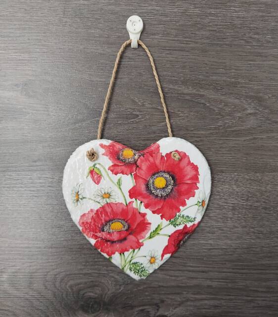Poppy Flower Heart Slate Wall Hanging Handmade Floral Decoration - image 1