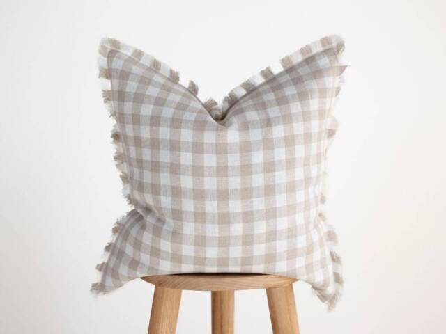 Linen Gingham Pillow Cover Farmhouse Fringe Pillow, Custom Size - image 1