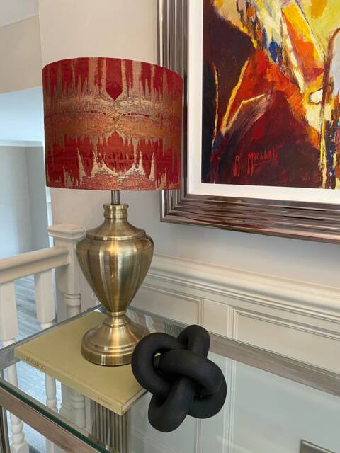 Handmade Lampshade in Fryetts Inca Abstract Print Red, Gold, Orange, Copper Colours. Various Sizes Available, Ceiling Or Table Lamp Options - image 1
