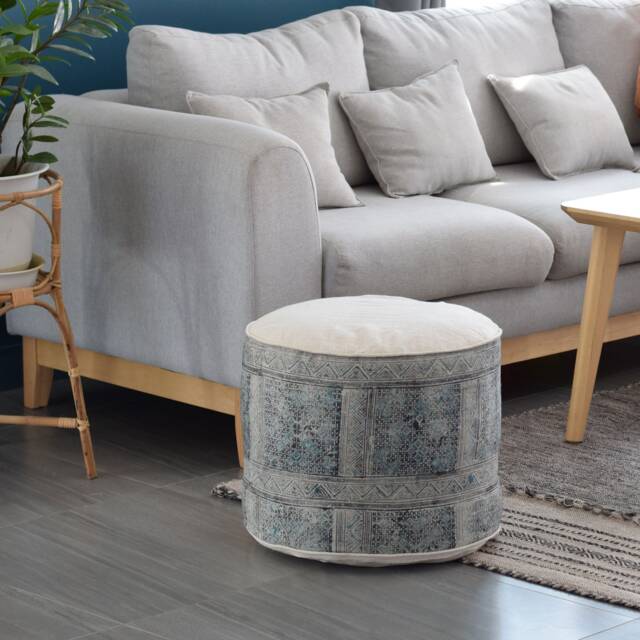 Vintage Hmong Hemp Ottoman Pouf Rustic Hill Tribe Design, Natural Kapok Insert - image 1