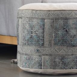 Vintage Hmong Hemp Ottoman Pouf Rustic Hill Tribe Design, Natural Kapok Insert - thumbnail 3