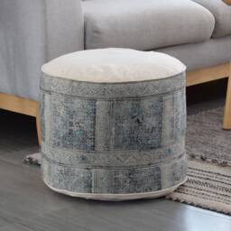 Vintage Hmong Hemp Ottoman Pouf Rustic Hill Tribe Design, Natural Kapok Insert - thumbnail 2