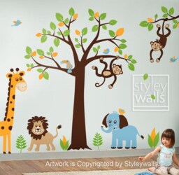 Jungle Tree Wall Decal, Animals Safari & Sticker For Baby Nursery Decor