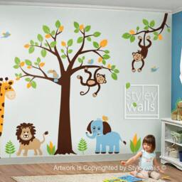 Jungle Tree Wall Decal, Animals Safari & Sticker For Baby Nursery Decor - thumbnail 2