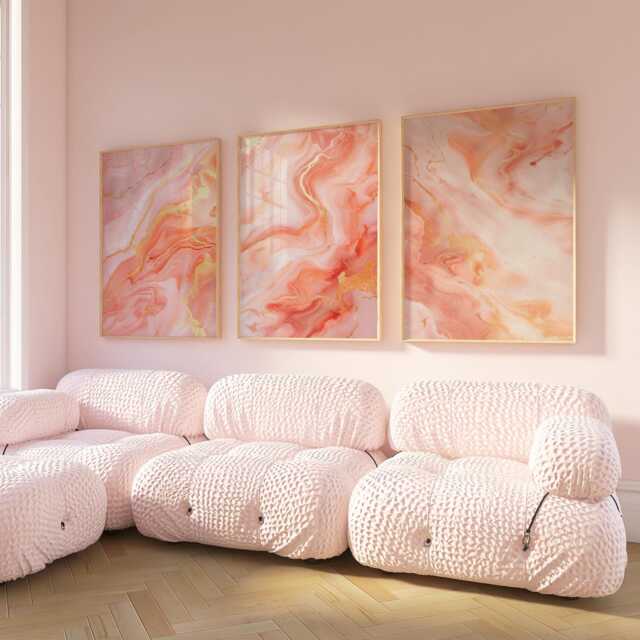 Pink & Gold Marble Wall Prints, Fluid Set Of 3 Posters, Abstract Art, Bedroom Home Decor, Gallery 2890 - image 1