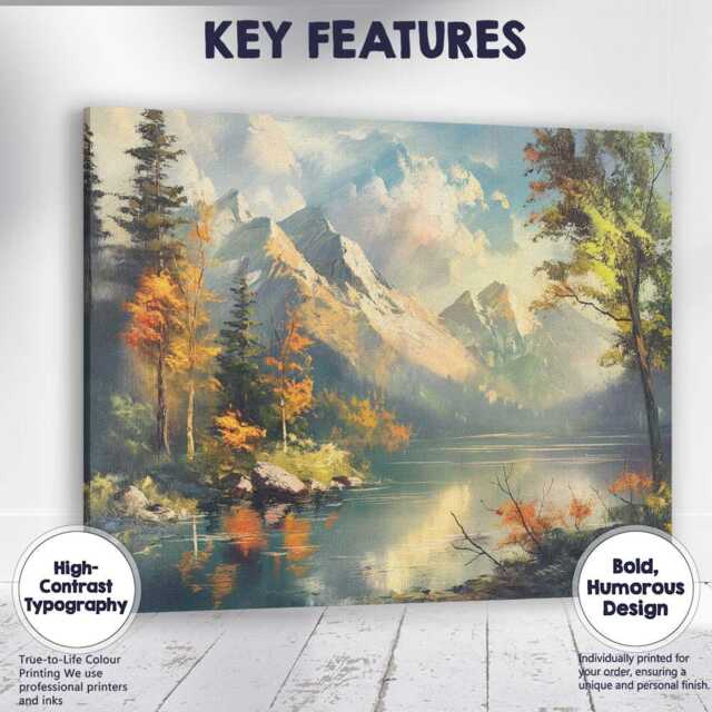 Majestic Snowy Mountain Lake Autumn Forest Reflection Landscape Canvas Wall Art Print Decor Picture Ready To Hang - image 1