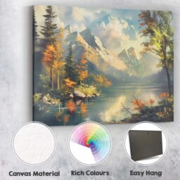 Majestic Snowy Mountain Lake Autumn Forest Reflection Landscape Canvas Wall Art Print Decor Picture Ready To Hang - thumbnail 2