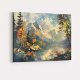 Majestic Snowy Mountain Lake Autumn Forest Reflection Landscape Canvas Wall Art Print Decor Picture Ready To Hang - thumbnail 4