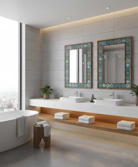 Travertine Tile Mirror With Wooden Frame Rustic Stone Mosaic Wall Decor - image 1
