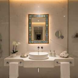 Travertine Tile Mirror With Wooden Frame Rustic Stone Mosaic Wall Decor - thumbnail 3