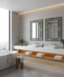 Travertine Tile Mirror With Wooden Frame Rustic Stone Mosaic Wall Decor - thumbnail 1