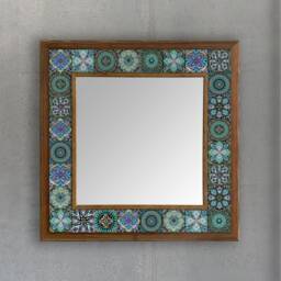Travertine Tile Mirror With Wooden Frame Rustic Stone Mosaic Wall Decor - thumbnail 2