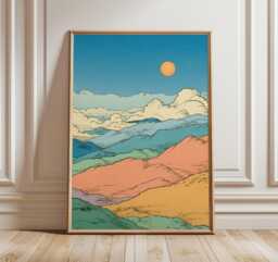 Japanese Landscape Wall Art, Minimal Mountain Print, Colorful Sunrise Illustration, Modern Asian Style Decor, Digital Download - thumbnail 1