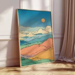 Japanese Landscape Wall Art, Minimal Mountain Print, Colorful Sunrise Illustration, Modern Asian Style Decor, Digital Download - thumbnail 2