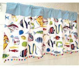 Cafe Curtain Window Valance/Kids Nursery/Child Playroom/Bathroom Shower CurtainSealife Fish Pom Pom, Fishing Decor, Freegift - thumbnail 1