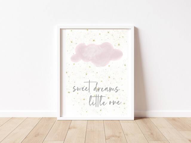 Sweet Dreams Nursery Print, Pink Cloud, Stars Art - image 1