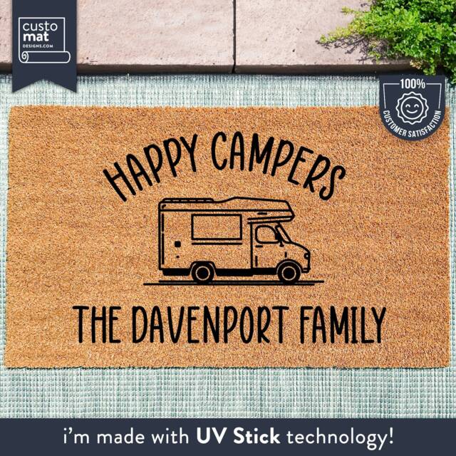 Happy Campers Doormat - Personalized Family Name Mat Custom Travelling Camper Rug Cute Mobile Home Coir - image 1