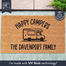 Happy Campers Doormat - Personalized Family Name Mat Custom Travelling Camper Rug Cute Mobile Home Coir - thumbnail 1