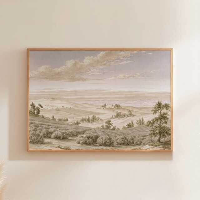 Beige Countryside Landscape Poster, Vintage Paper Wall Art - image 1