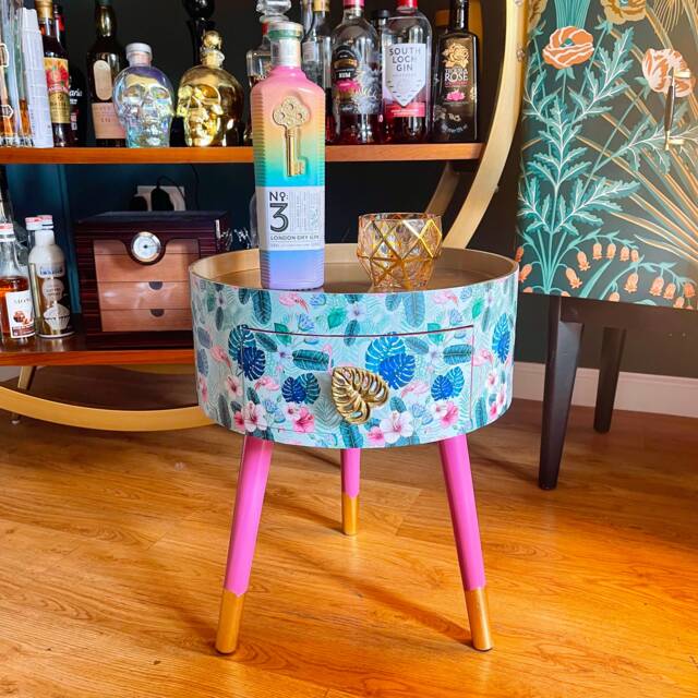 Round Small Coffee Table With Drawer. Ideal For Nightstand, End Or Side Table. Pink & Mint Green Flamingo Design Gold Top - image 1