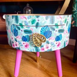 Round Small Coffee Table With Drawer. Ideal For Nightstand, End Or Side Table. Pink & Mint Green Flamingo Design Gold Top - thumbnail 3