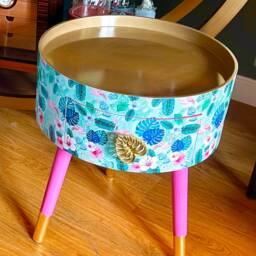 Round Small Coffee Table With Drawer. Ideal For Nightstand, End Or Side Table. Pink & Mint Green Flamingo Design Gold Top - thumbnail 4