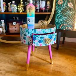 Round Small Coffee Table With Drawer. Ideal For Nightstand, End Or Side Table. Pink & Mint Green Flamingo Design Gold Top - thumbnail 2