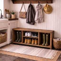 Handmade Bespoke Rustic Shoe & Welly Rack Storage Bench, Entryway Hallway Organiser, Solid Wood Seating - thumbnail 2
