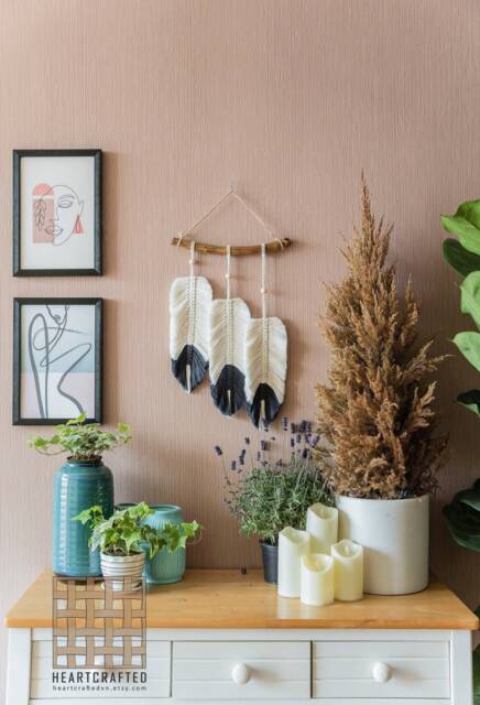 Modern Macrame Wall Art, Feather Hanging, Farmhouse Boho Decor, Nursery Home Plant Lover Gift, Bonus Mom Gift L05 - image 1