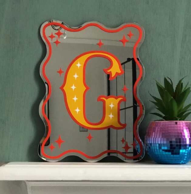 Personalised Initial Print On Wavy Mirror, Alphabet Letter Decals ...