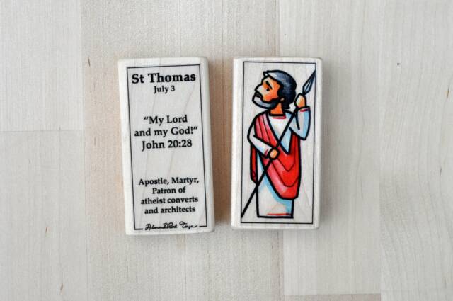 st Thomas The Apostle Patron Saint Block With Gift Bag // Patron Saint Of Architects & Atheists Catholic Toys By Almondrod - image 1