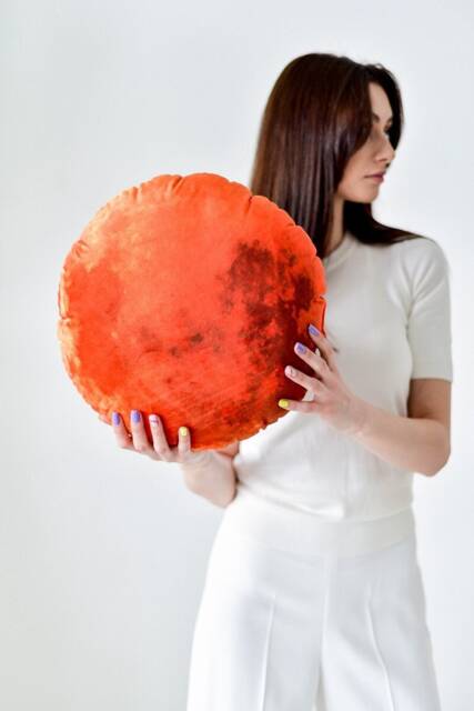 Full Red Moon Throw Pillow For Galaxy Boy Nursery Room Decor, Plush Planet Decoration, Shaped in Soft Velvet - image 1