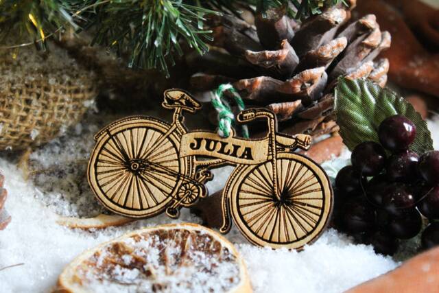 Personalised Bicycle Christmas Ornament Cyclist Wood Custom Bauble Laser Engraved Rustic Wooden Bike Tree Decoration Irish - image 1