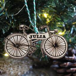 Personalised Bicycle Christmas Ornament Cyclist Wood Custom Bauble Laser Engraved Rustic Wooden Bike Tree Decoration Irish - thumbnail 2