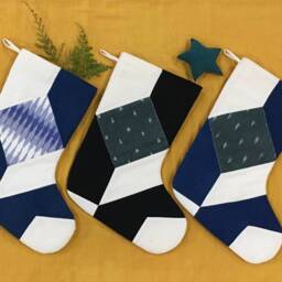 Patchwork Christmas Stocking, Handmade Ikat Quilted Fabric - thumbnail 2
