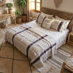 Handmade Ivory Handira Blanket With Sequins - Moroccan Berber Wedding Throw, 2 Free Pillows Included Boho Bedspread Decor - thumbnail 4