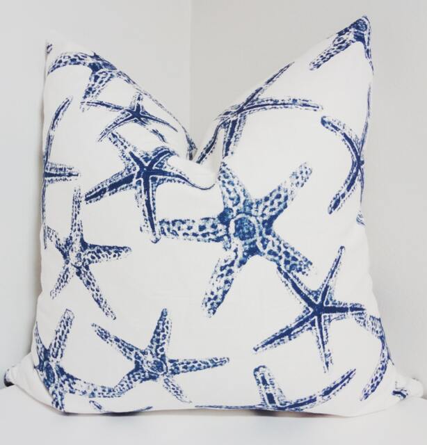 Navy Starfish Outdoor Pillow Cover, Nautical Coastal Decor