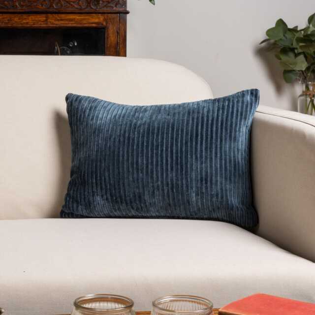 Velvet Jumbo Corduroy Boudoir Cushion Cover in Ink Blue. Modern Striped, Supersoft Chenille Navy 17x12 - image 1