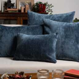 Velvet Jumbo Corduroy Boudoir Cushion Cover in Ink Blue. Modern Striped, Supersoft Chenille Navy 17x12 - thumbnail 3
