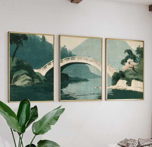 Teal River Bridge Set Of 3, Vintage Misty Landscape Wall Art - image 1