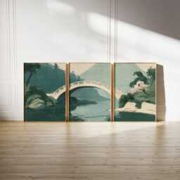 Teal River Bridge Set Of 3, Vintage Misty Landscape Wall Art - thumbnail 3