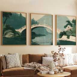 Teal River Bridge Set Of 3, Vintage Misty Landscape Wall Art - thumbnail 4