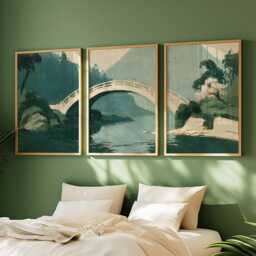 Teal River Bridge Set Of 3, Vintage Misty Landscape Wall Art - thumbnail 2