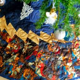 Large Nativity Christmas Tree Skirt, Quilted, Blue Gold, 72 Inches Wide - thumbnail 3