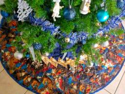 Large Nativity Christmas Tree Skirt, Quilted, Blue Gold, 72 Inches Wide