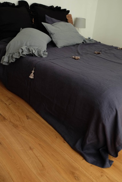 Charcoal Gray Linen Bed Throw With Tassel Decor, Boho Style - image 1