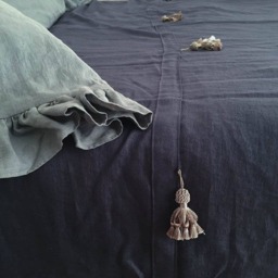 Charcoal Gray Linen Bed Throw With Tassel Decor, Boho Style - thumbnail 2