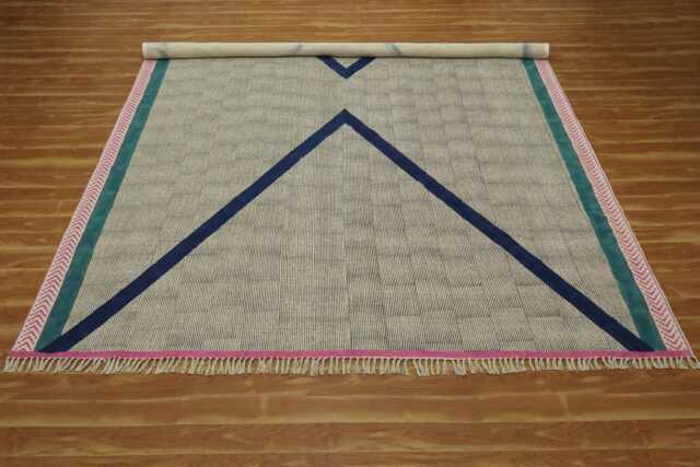 Hand Block Printed Cotton Area Rug Pink Border, Modern Design - image 1