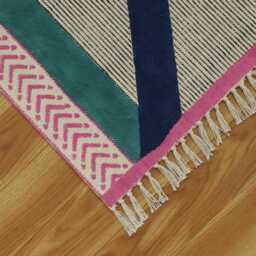 Hand Block Printed Cotton Area Rug Pink Border, Modern Design - thumbnail 2